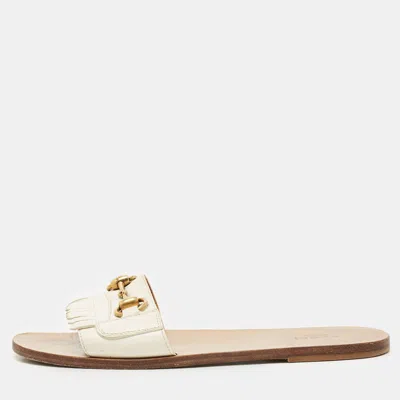 Pre-owned Gucci Off White Leather Horsebit Fringe Detail Flat Slides Size 39