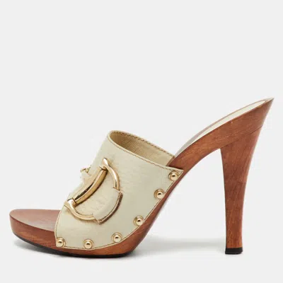 Pre-owned Gucci Off White Leather Icon Bit Platform Open Toe Clogs Size 36