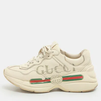 Pre-owned Gucci Off White Leather Rhyton Logo Print Low Top Sneakers Size 36