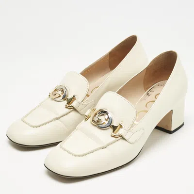 Pre-owned Gucci Off White Leather Zumi Gg Block Heel Loafer Pumps Size 40