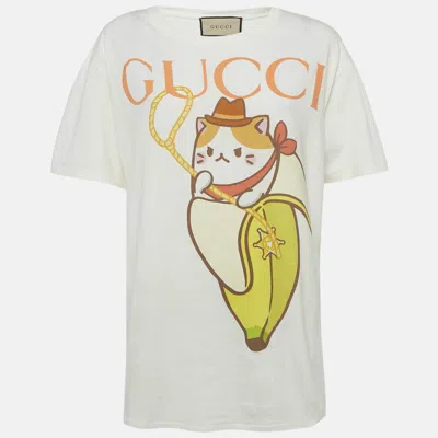 Pre-owned Gucci Off-white Logo And Bananaya Print Cotton Loose Fit T-shirt M