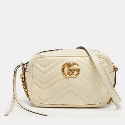 Pre-owned Gucci Off White Matelassé Leather Mini Gg Marmont Camera Bag