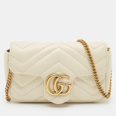 Pre-owned Gucci Off White Matelassé Leather Super Mini Gg Marmont Shoulder Bag