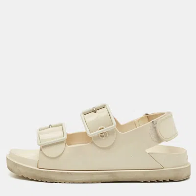 Pre-owned Gucci Off White Rubber Double G Logo Dusty Ankle Strap Flat Sandals Size 36
