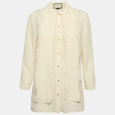Pre-owned Gucci Off White Silk Ruffle Blouse M