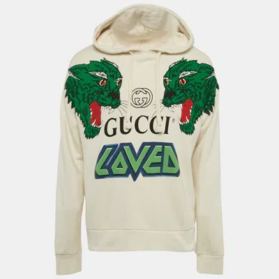 Pre-owned Gucci Off White Tiger Print Cotton Hoodie S In Beige