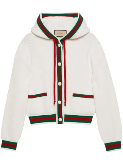 Gucci Web Stripe Ribbed-knit Wool Cardigan In White