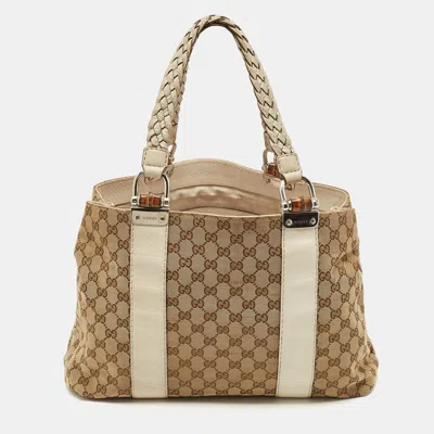 Pre-owned Gucci Off White/beige Gg Canvas Medium Bamboo Bar Tote