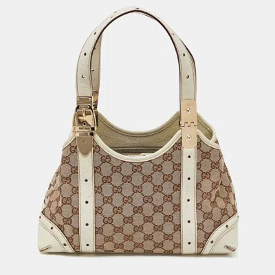 Pre-owned Gucci Off-white/beige Monogram Canvas And Leather Metal Buckle Shoulder Bag