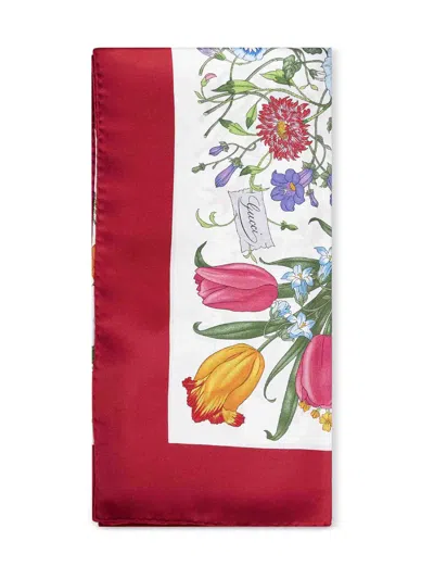 Gucci Off-white And Red Printed Silk Twill Scarf In Green