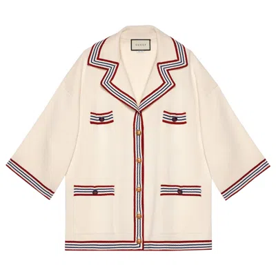 Pre-owned Gucci Off-white Cotton & Silk Striped Oversized Cardigan Sweater S