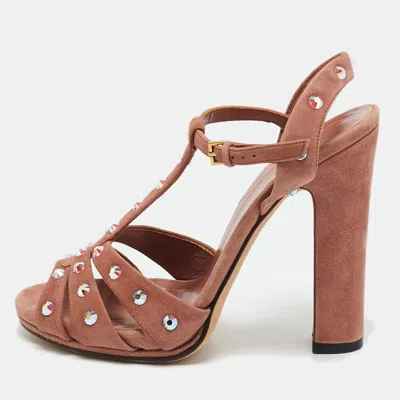 Pre-owned Gucci Old Rose Suede Crystal Embellished T-strap Sandals Size 36 In Pink