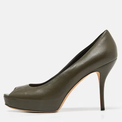 Pre-owned Gucci Olive Green Leather Peep Toe Platform Pumps Size 40.5