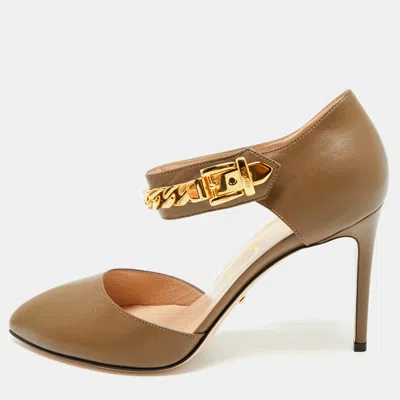Pre-owned Gucci Olive Green Leather Sylvie Chain Pumps Size 40
