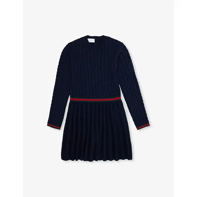 Gucci Kids' Oltremare/green/red Cable-knit Pleated Wool Dress 6-12 In Blue