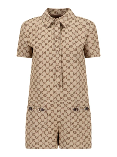 Gucci Short Jumpsuit In Camel Gg Supreme Fabric In Beige