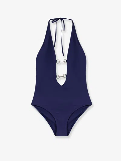 Gucci One-piece Swimsuit With Horsebit Details In Blue