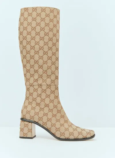 Gucci Neutral Gg Supreme Knee-high Boots - Women's - Calf Leather/fabric In Neutrals