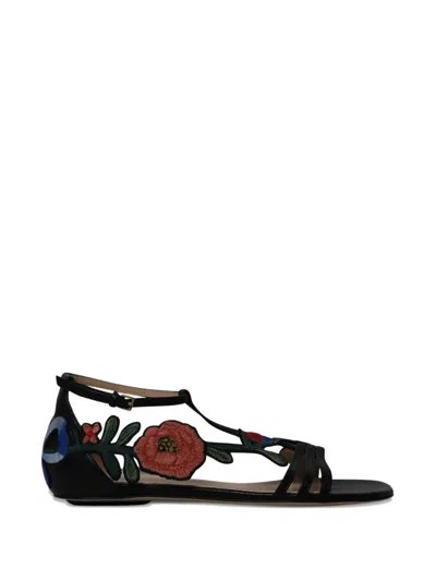 Pre-owned Gucci Ophelia Floral-embroidered Flat Sandals In Black