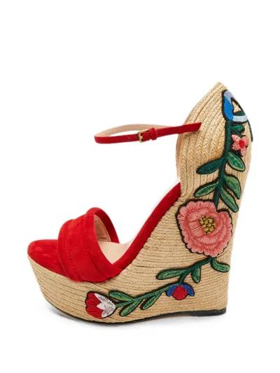 Pre-owned Gucci Ophelia Floral-embroidered Wedge Sandals In Red