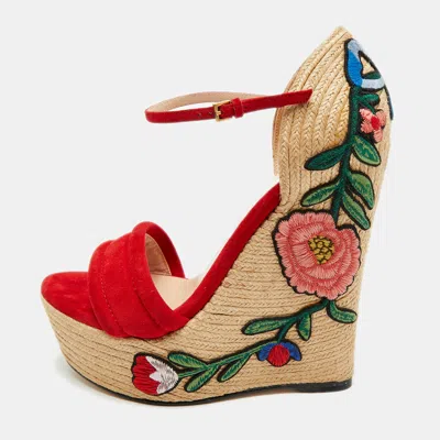 Pre-owned Gucci Ophelia Size 38 Red Suede Floral Embroidered Wedge Sandals