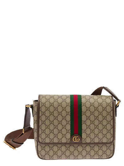 Gucci 'ophidia' Beige And Ebony Crossbody Bag With Web Detail In Gg Supreme Canvas Man In Multicolor