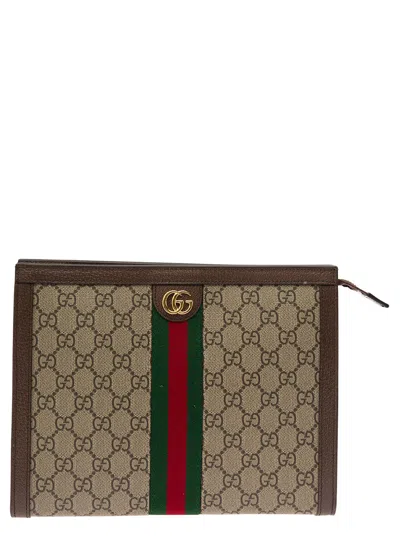 Gucci Ophidia Gg Supreme Canvas & Leather Pouch In Beige