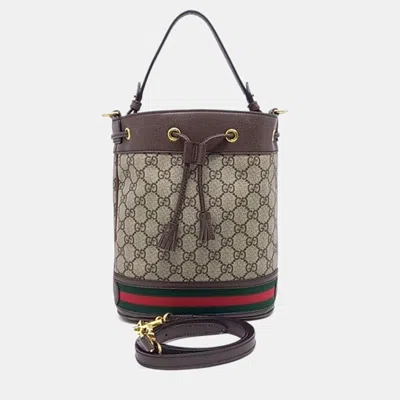 Pre-owned Gucci Ophidia Beige/brown Coated Canvas And Leather Small Bucket Bag (550621) In Sand