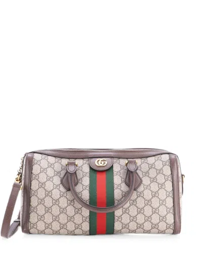 Pre-owned Gucci Ophidia Boston Bag Gg Coated Canvas Medium Satchel In Brown