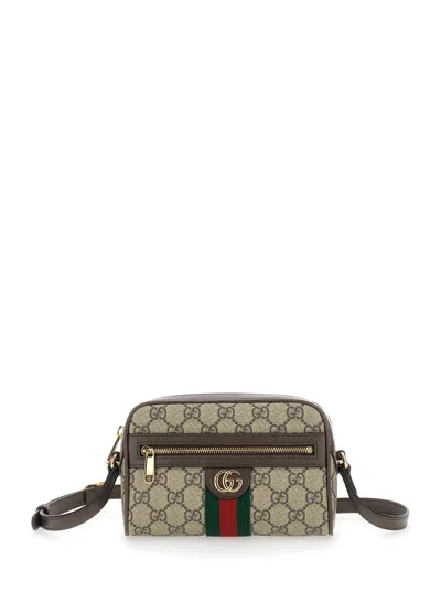 Gucci 'ophidia' Brown Crossbody Bag With All-over Gg Motif And Web Detail In Leather And Fabric Woma In Multicolor