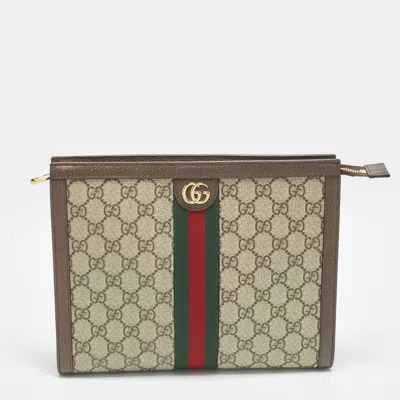 Pre-owned Gucci Ophidia Brown/beige Gg Supreme Canvas And Leather Pouch