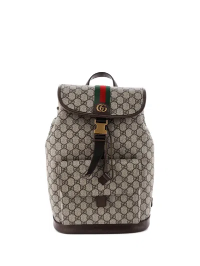 Pre-owned Gucci Ophidia Buckle Gg Coated Canvas Small Backpack In Brown
