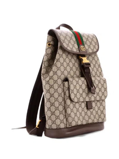 Pre-owned Gucci Ophidia Buckle Gg Coated Canvas Small Backpack In Brown