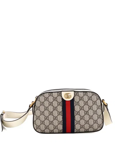 Pre-owned Gucci Ophidia Camera Shoulder Bag Gg Coated Canvas With Leather Small Crossbody Bag In Neutral