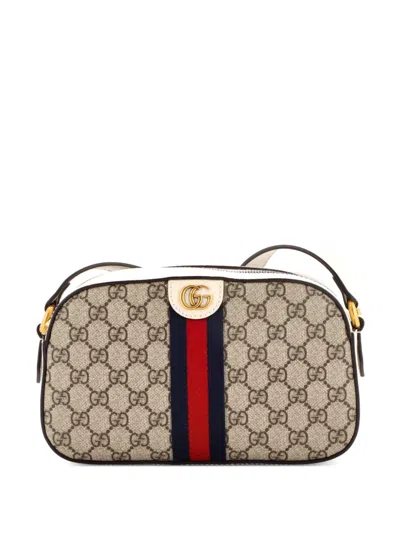 Pre-owned Gucci Ophidia Camera Shoulder Bag Gg Coated Canvas With Leather Small Crossbody Bag In Neutral