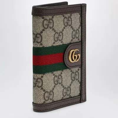 GUCCI GUCCI  OPHIDIA CARD CASE IN BEIGE AND EBONY GG SUPREME FABRIC