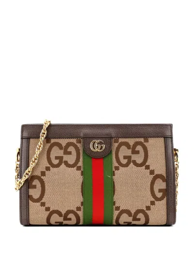 Pre-owned Gucci Ophidia Chain Jumbo Gg Canvas With Leather Small Shoulder Bag In Brown