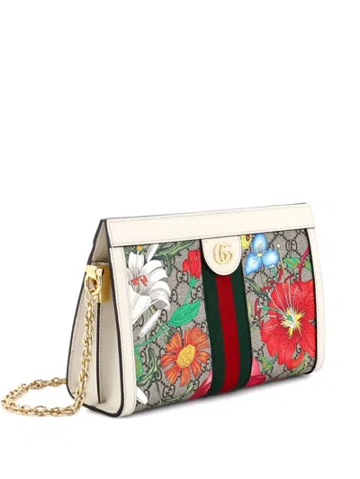 Pre-owned Gucci Ophidia Chain Shoulder Bag Flora Gg Coated Canvas Small Crossbody Bag In Brown