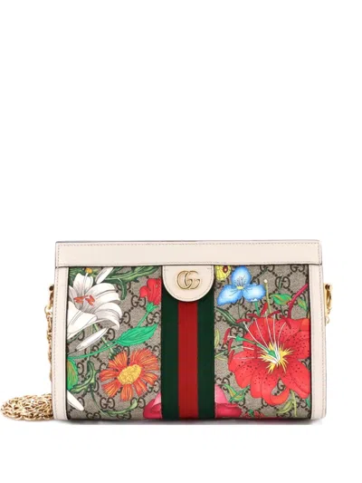 Pre-owned Gucci Ophidia Chain Shoulder Bag Flora Gg Coated Canvas Small Crossbody Bag In Brown