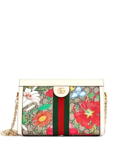Pre-owned Gucci Ophidia Chain Shoulder Bag Flora Gg Coated Canvas Small Crossbody Bag In Brown