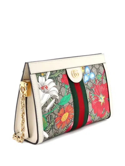 Pre-owned Gucci Ophidia Chain Shoulder Bag Flora Gg Coated Canvas Small Crossbody Bag In Neutral
