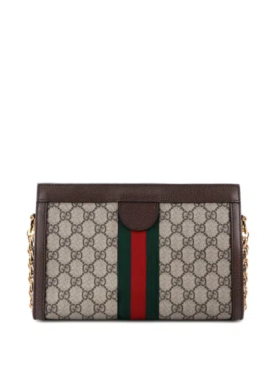 Pre-owned Gucci Ophidia Chain Shoulder Bag Gg Coated Canvas Small Crossbody Bag In Brown