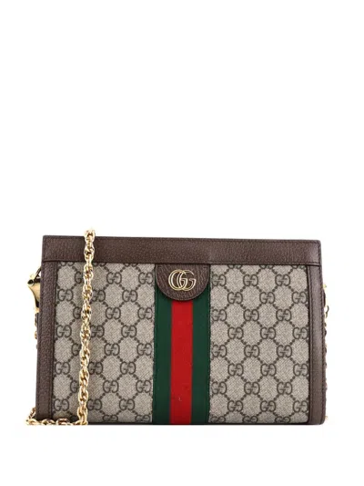 Pre-owned Gucci Ophidia Chain Shoulder Bag Gg Coated Canvas Small Crossbody Bag In Brown