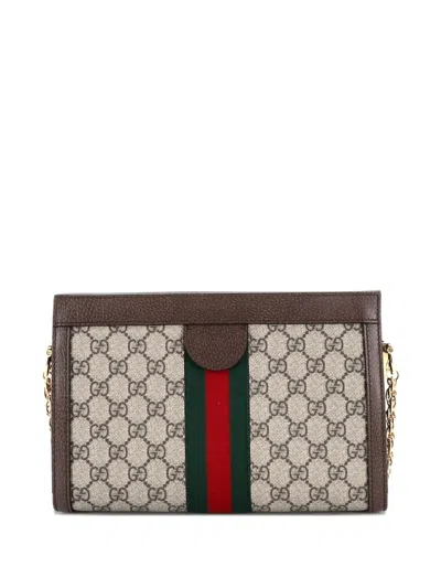 Pre-owned Gucci Ophidia Chain Shoulder Bag Gg Coated Canvas Small Crossbody Bag In Brown