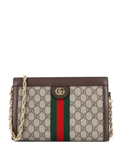 Pre-owned Gucci Ophidia Chain Shoulder Bag Gg Coated Canvas Small Crossbody Bag In Brown