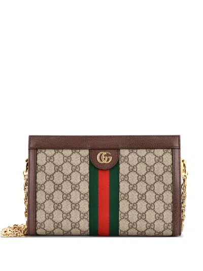 Pre-owned Gucci Ophidia Chain Shoulder Bag Gg Coated Canvas Small Crossbody Bag In Brown