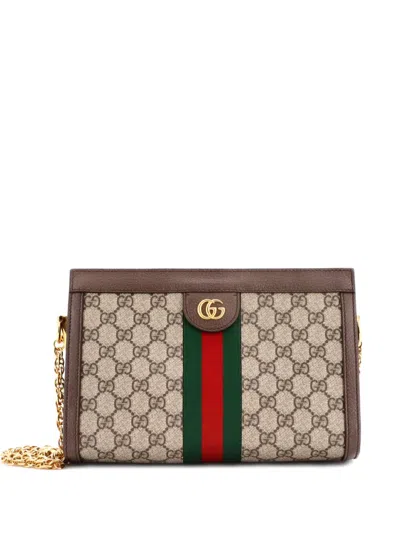 Pre-owned Gucci Ophidia Chain Shoulder Bag Gg Coated Canvas Small Crossbody Bag In Brown
