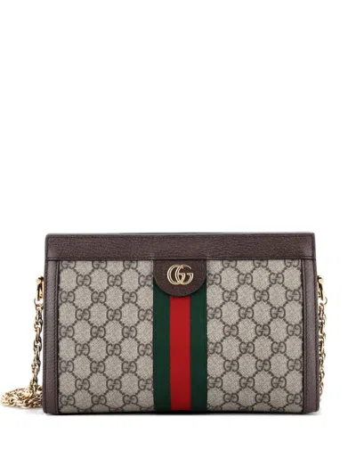 Pre-owned Gucci Ophidia Chain Shoulder Bag Gg Coated Canvas Small Crossbody Bag In Brown