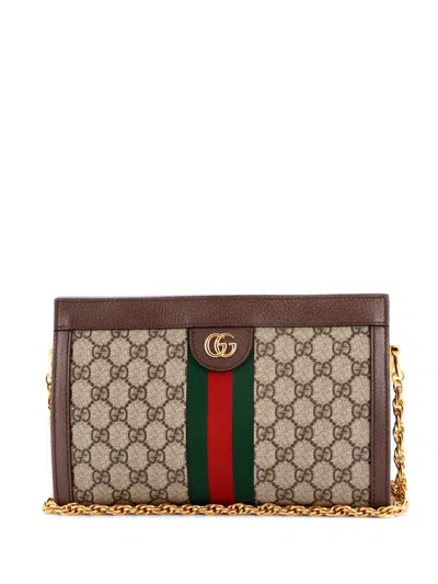 Pre-owned Gucci Ophidia Chain Shoulder Bag Gg Coated Canvas Small Crossbody Bag In Brown