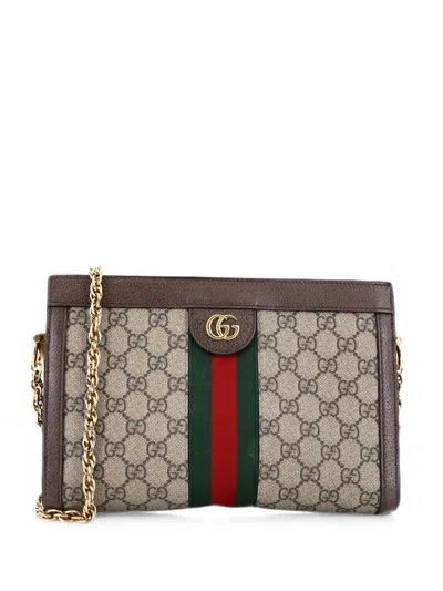 Pre-owned Gucci Ophidia Chain Shoulder Bag Gg Coated Canvas Small Crossbody Bag In Brown